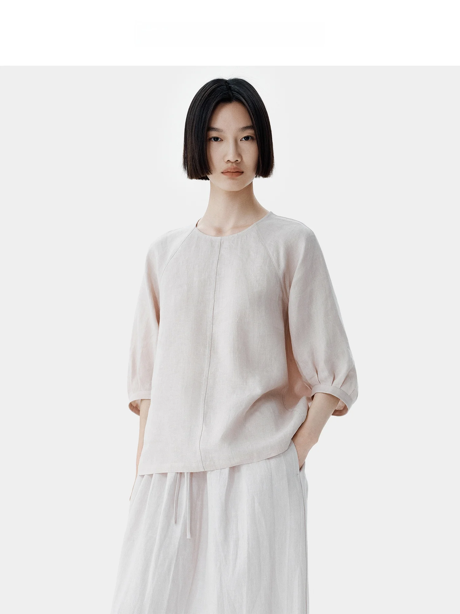 

Pure Hanflax Chinese Style round Neck Shirt Women's Spring Summer New Style Flower Bud Sleeve Shirt Breathable Comfortable