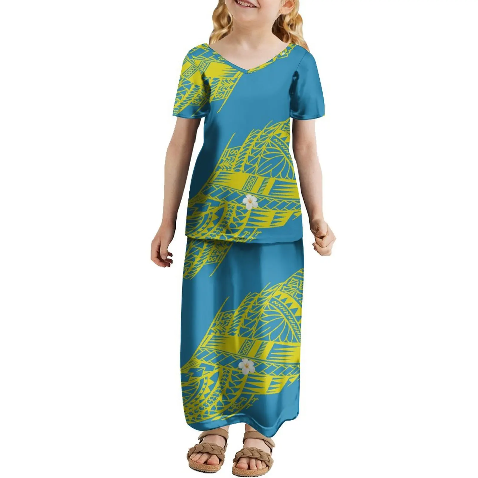 Polynesische V-Ausschnitt Puletasi Kinder kleid benutzer definierte Stammes ethnischen Blumen druck Sommer Kurzarm langes Kleid für Mädchen Set Kleid