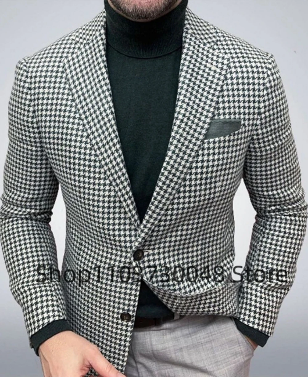 Men's Houndstooth Suit Jacket Formal Notch Lapel Blazer Two Buttons Woolen Coat for Party Prom Business Tuxedo One Piece Coat