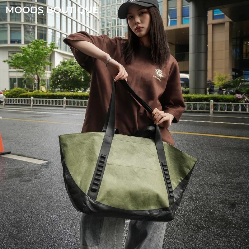 Oversized Paper-like Unisex Tote Bags Splash Proof Multi Pockets Contrast Color Large Capacity Shopping Travelling Shoulder Bag