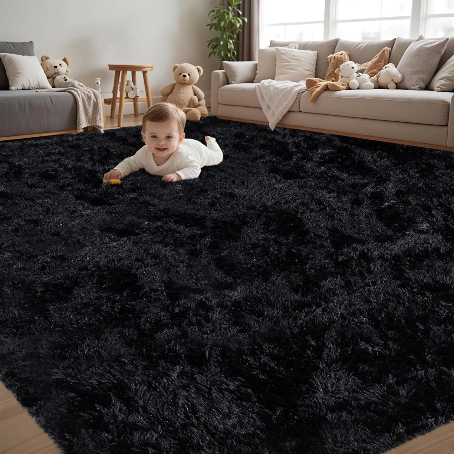 

Ultra Soft Fluffy Shag Black Area Rug for Living Room, Bedroom, Office - Washable Non-Slip Carpet