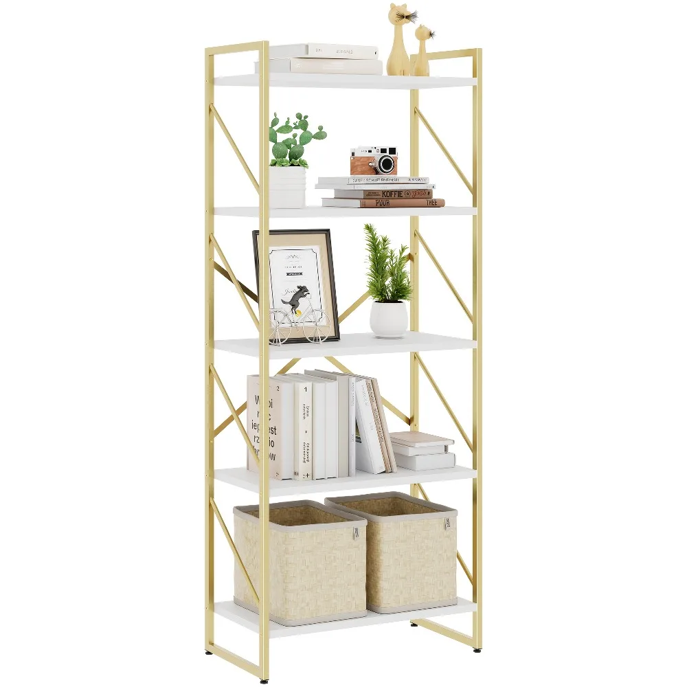 

5 Tiers Bookshelf, Classically Tall Bookcase Shelf, Industrial Book Rack, Modern Book Holder In Bedroom/ Living Room/ Home/ Office, White & Golden