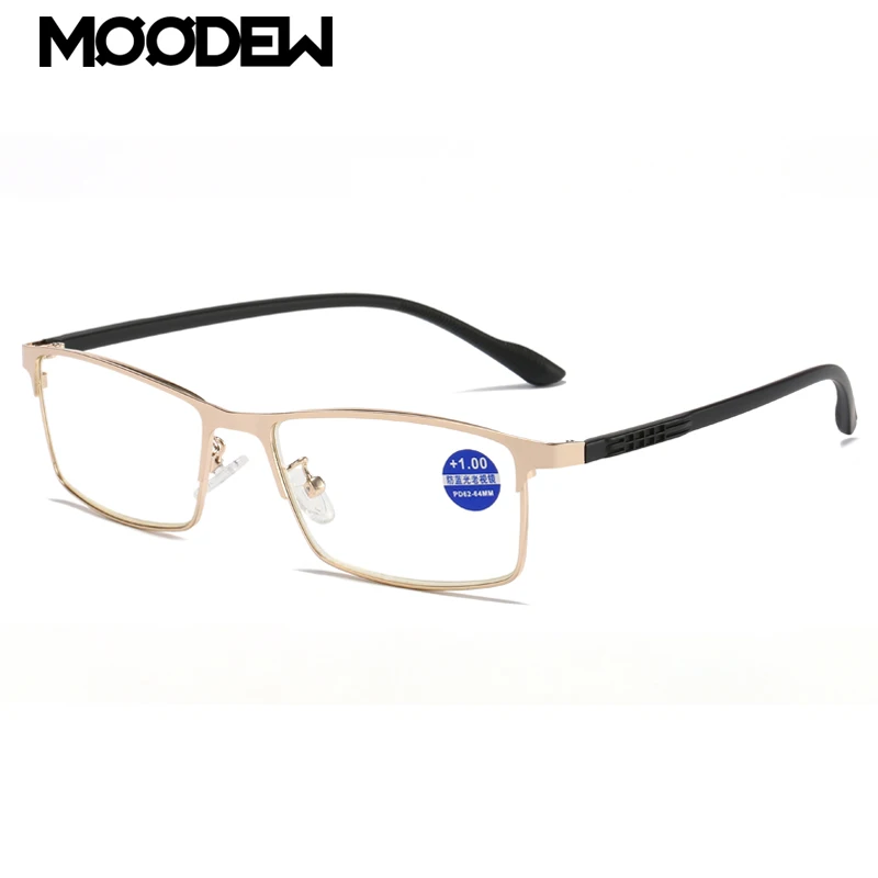 MOODEW Reading Glasses for Men Square metal frame Readers Presbyopic Glasses for Male with Spring Hinge +1.0+1.5+2.0+2.5+3.0+3.5