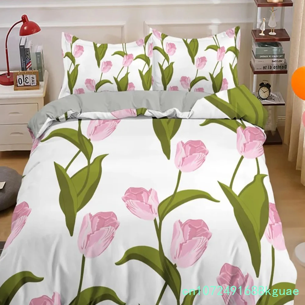 Spring Flowers Tulip Bedding Set Morning Glory Pink Rose Duvet Cover Double Queen King Twin Full Size Women Girls Duvet Cover