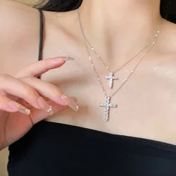 2024 Punk Neo-Gothic Shiny Zircon Double Cross Necklace for Women Fashionable Accessorize Daily with Jewelry Anniversary Gifts