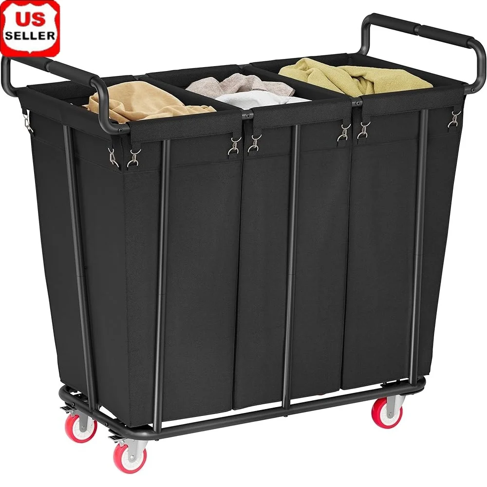 

Large Laundry Hamper with Wheels Rolling Laundry Sorter 3 Section Heavy Duty Storage Organizer Waterproof Bags Multi-Purpose