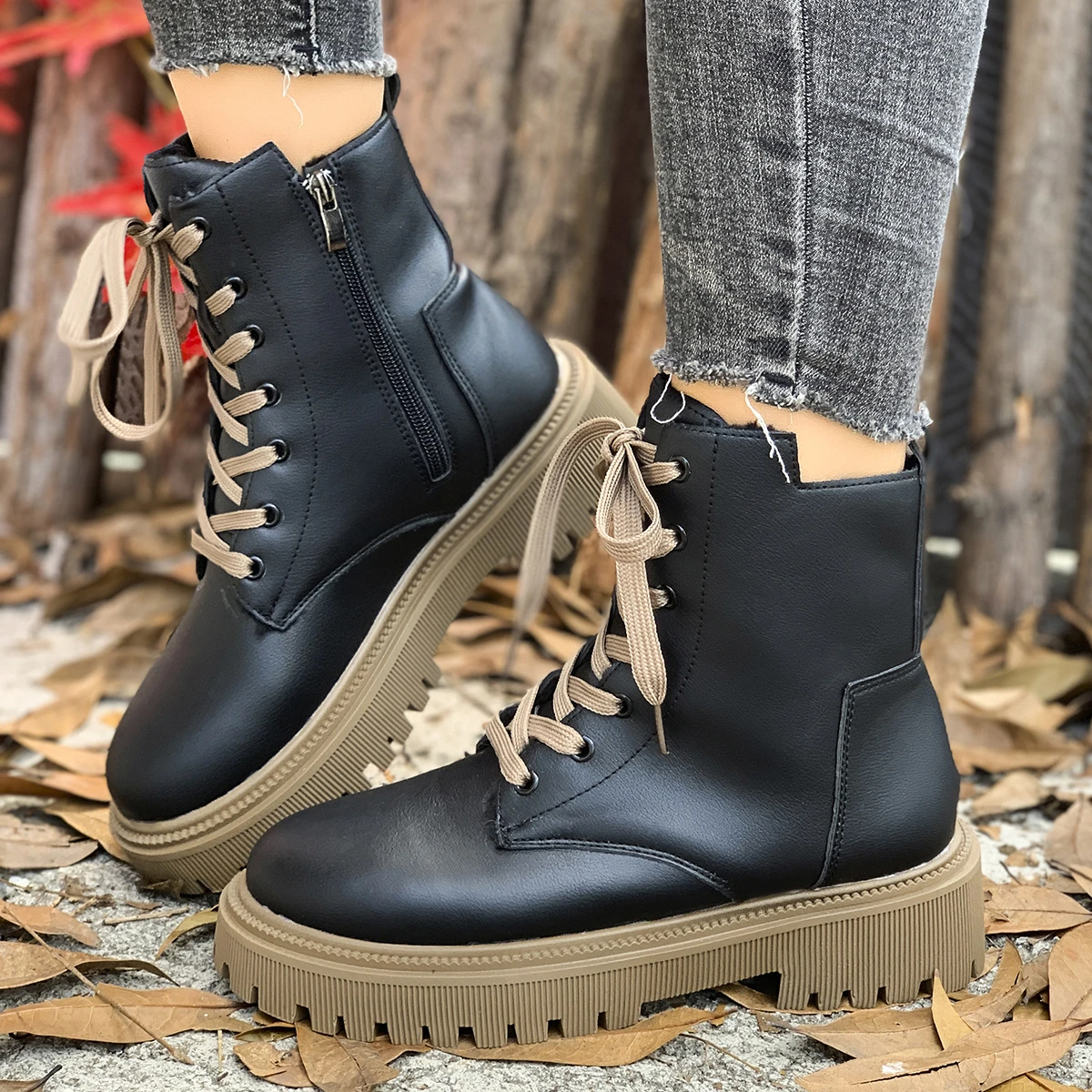 المرأة مبطن دافئ قصير أفخم عارضة الجوارب الشتاء الدانتيل تصميم بو الجلود زائد حجم بلون الأحذية الموضة الكلاسيكية. #3