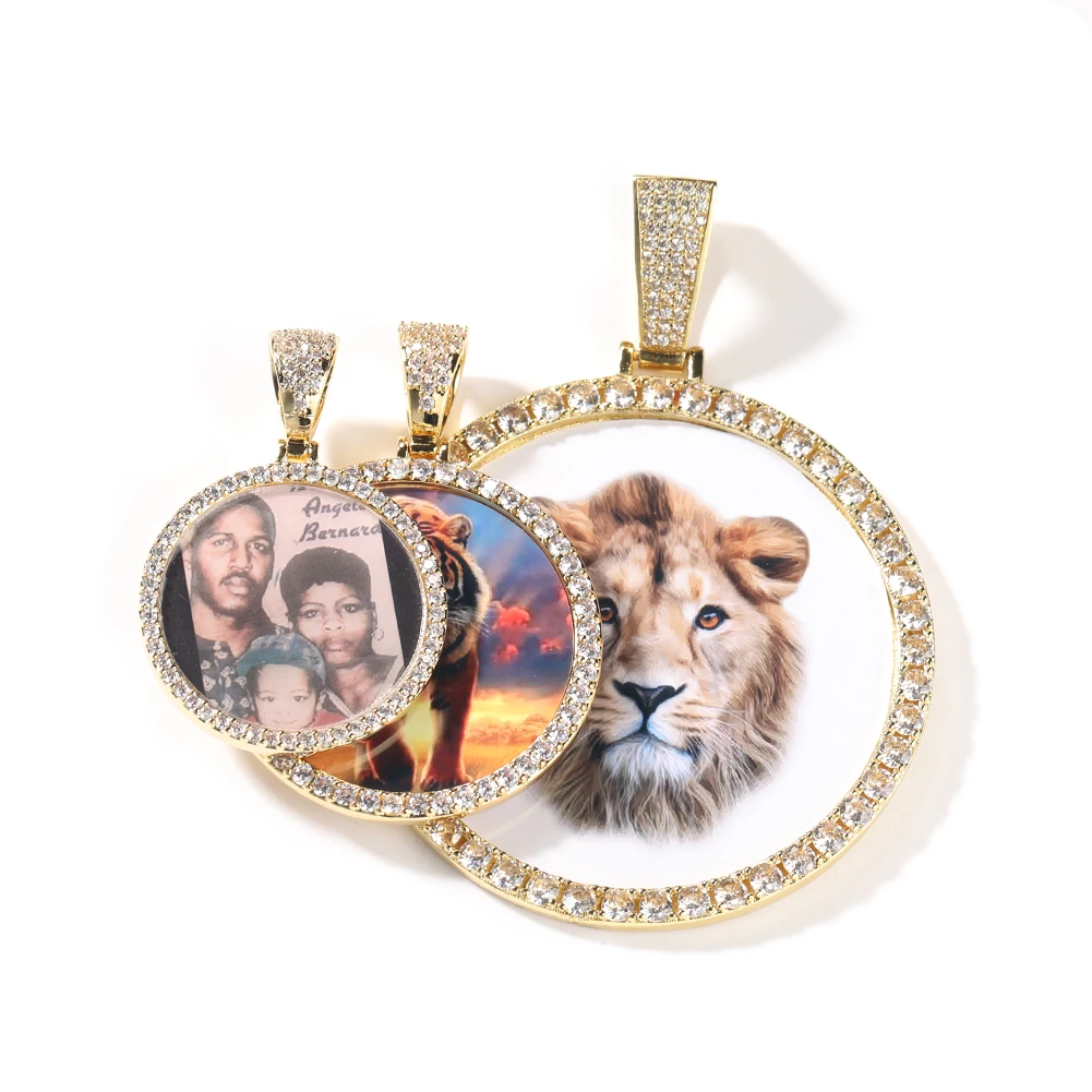 THE BLING KING Cubic Zirconia Made Photo Pendant Necklace Soild Back Full Iced Out  Round Tag Hiphop Jewelry Gifts