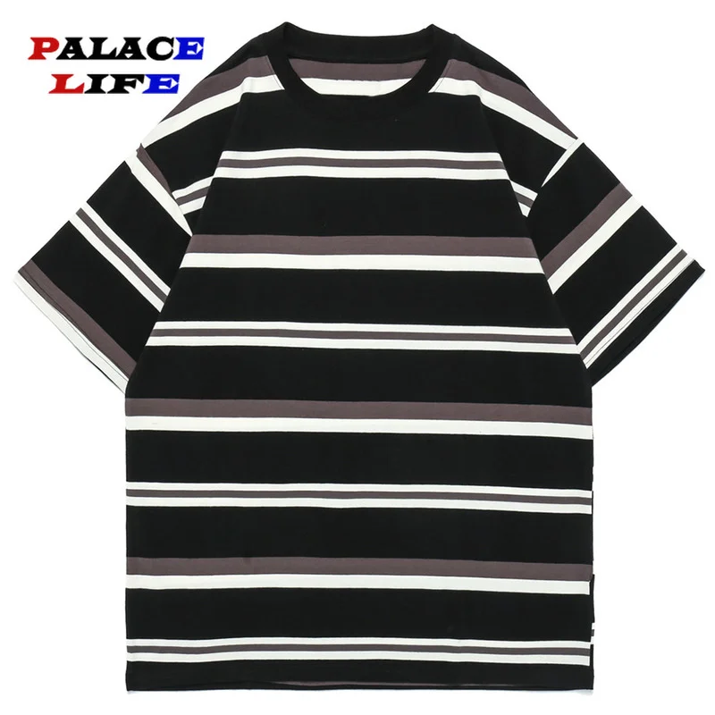 

Men'sT Shirts Color Block Print Stripe Top Tees Shirts Simple High Street Basic All-match Cargo Tops Couple Streetwear