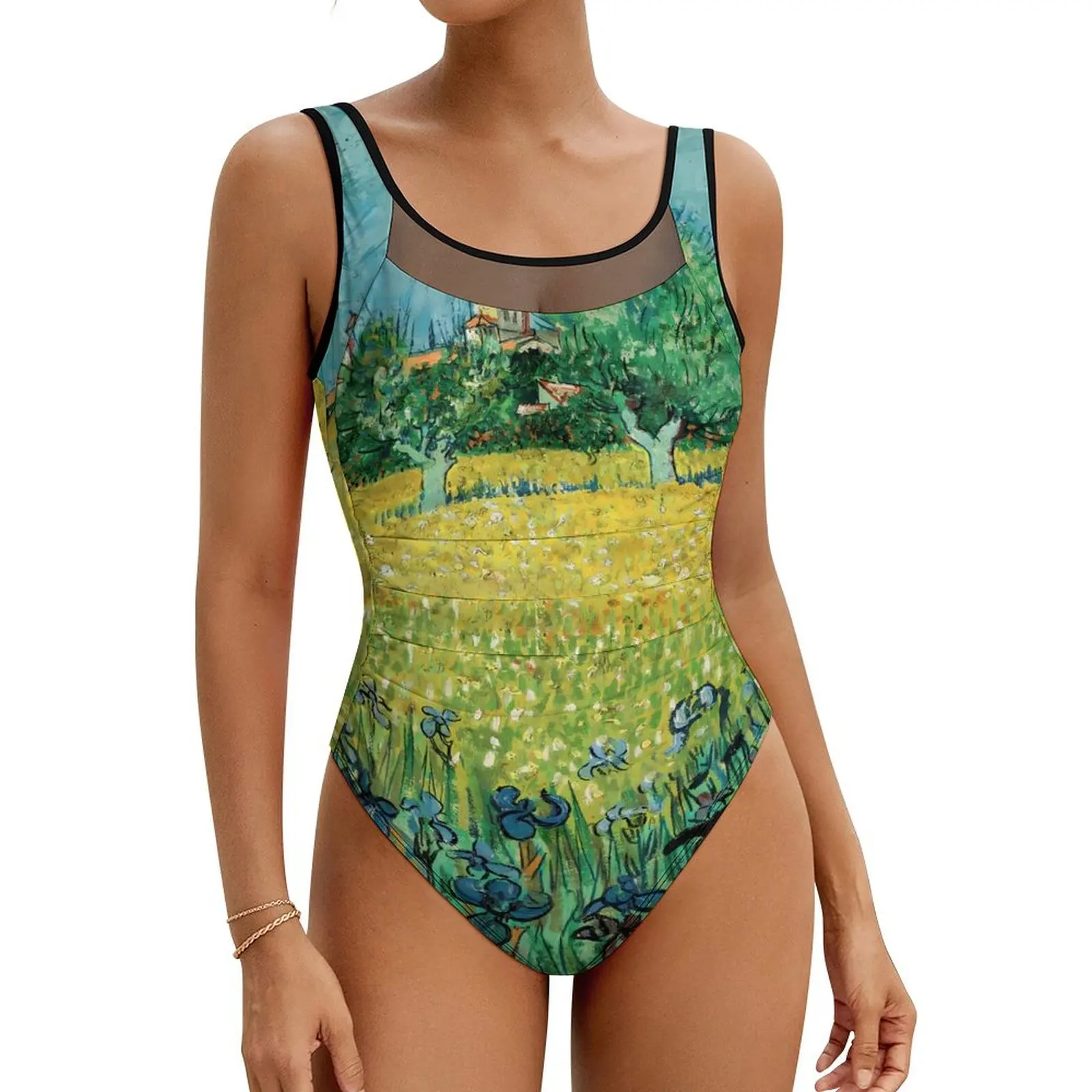 

Vincent Van Gogh Swimsuit Field with Flowers One Piece Swimwear Push Up Classic Bathing Suit Sexy Sport Graphic Bodysuit
