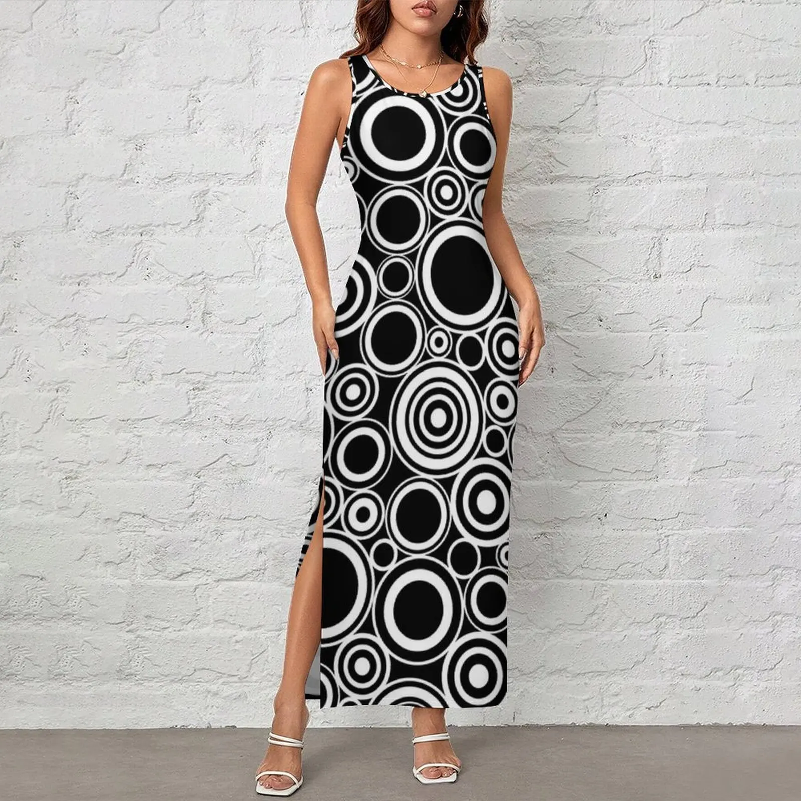 Black White Circles Dress Sleeveless Geometric Retro Street Style Maxi Dresses Casual Bodycon Dress Design Oversize Clothes