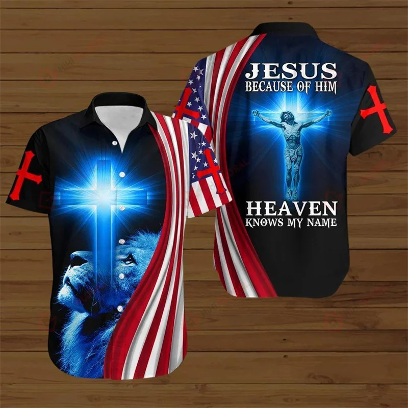 

Jesus And Lion Aloha Hawaiian Aloha Shirts Men Women Lapel Short Sleeved Cool Beach Shirts Floral Shirt Casual Street Cross Tops