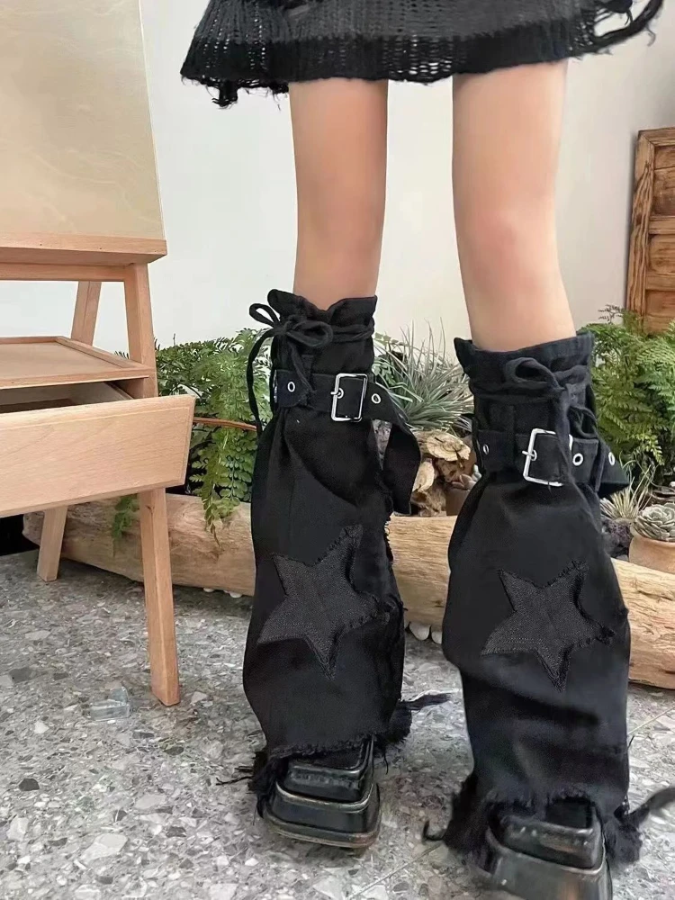 Y2k Gyaru Star Design Black Denim Leg Warmers Stockings Women Fashion Gothic Accessories Drawstring Pile Knee-high Long Socks