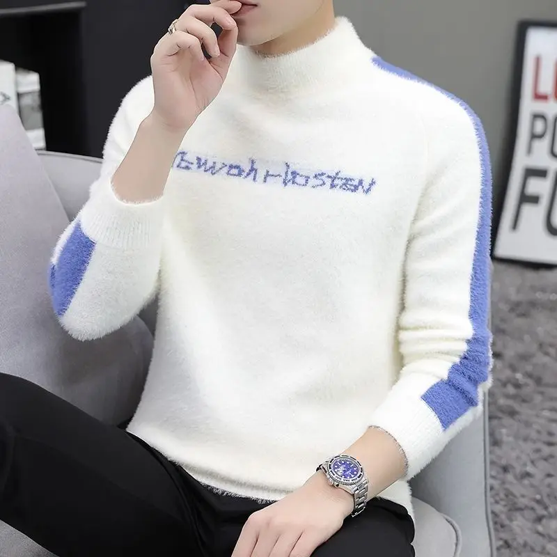 Men\'s Clothing Vintage Pullover Letter Sweater Knitted Long Sleeve Casual Fashion Autumn Winter Crew Neck Contrast Color Tops