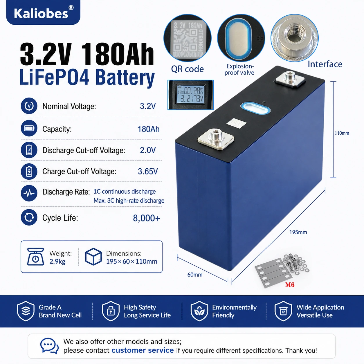 LiFePO4 Battery Cell 3.2V 180Ah DIY 12V 24V 48V Pack for EV Scooter Solar Inverter, High Capacity 180Ah