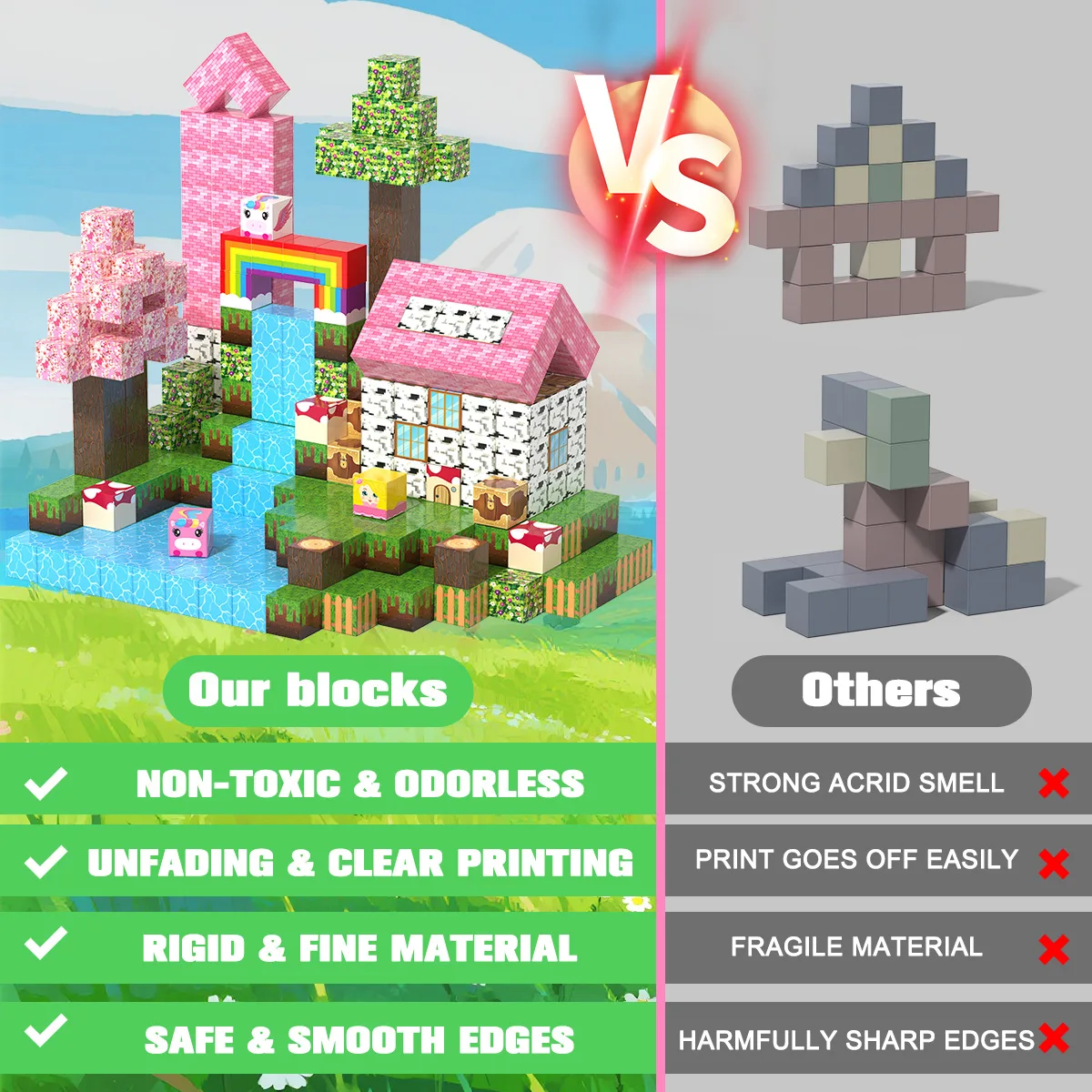 Conjunto de blocos de construção magnéticos com tema arco-íris, 2.0cm, mini tijolos quadrados moc, brinquedo educacional de montagem magnética, presente de aniversário para crianças