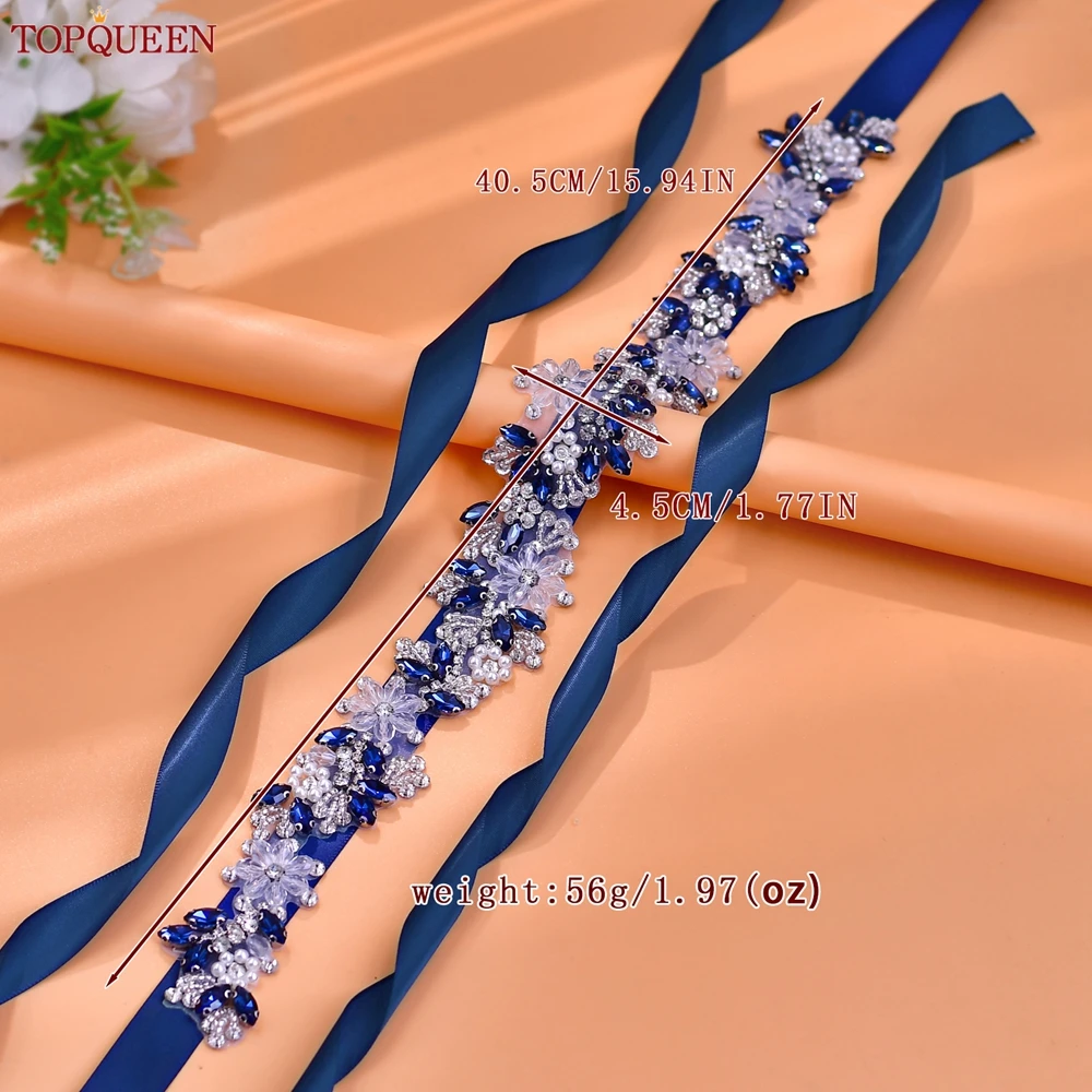 TOPQUEEN New Design Wedding Belt Navy Blue Rhinestone Patch Belt Versatile Evening Gown Accessories Bridal Crystal Sash S434-ML