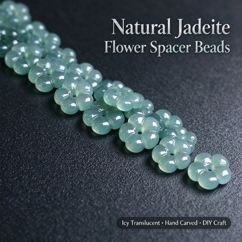 10PC Hand Carved Natural Burma Blue Water Jadeite Five Petal Flower Loose Gemstone Beads DIY Bracelet Earring Making Accessories view 4