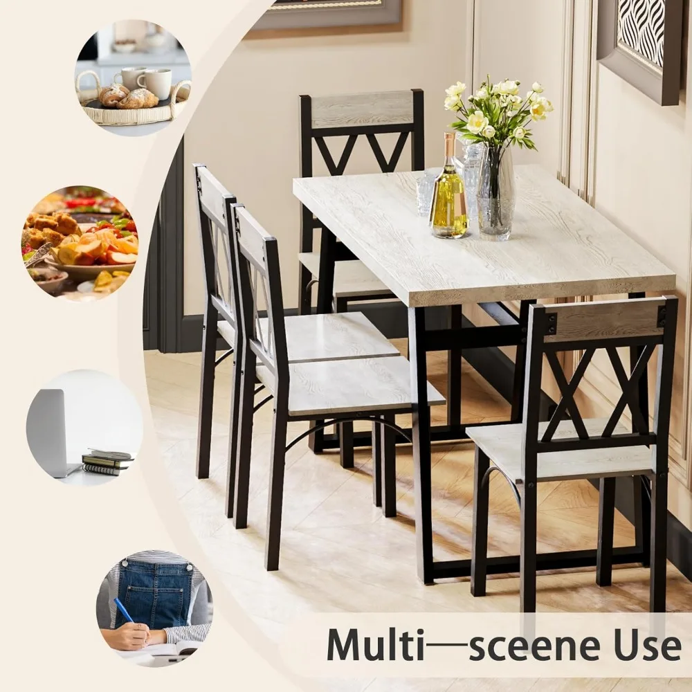 Dining Room Table Set for 4, 5-Piece Farmhouse Kitchen Table Set, Thickened Metal Frame with Wood Top