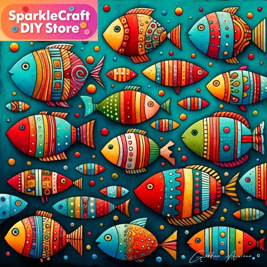 Colorful Whimsical Fish School 5D Diamond Painting Kit Folk Art Teal Wall Art Decor for Home Office