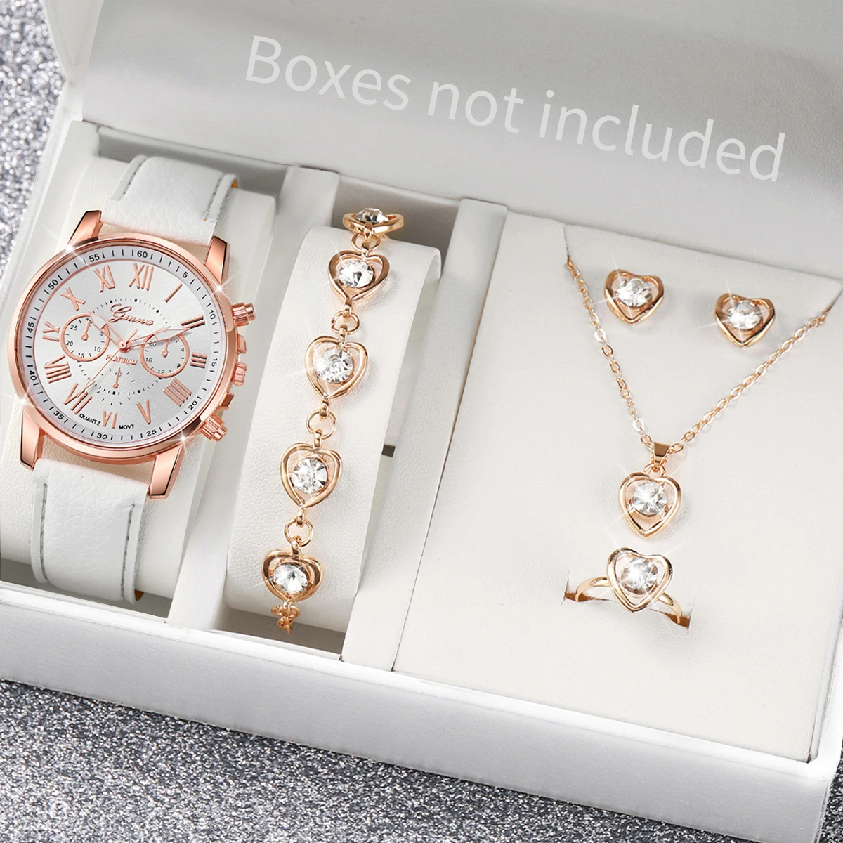 6PCS/Set Fashion Women\'s Quartz Watch Leather Band Analog Wrist Watches Heart Rhinestone Jewelry Set(Without Box)