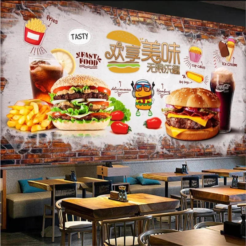 Customized Text Burger French Fries Cola Wallpaper Mural Fast Food Restaurant Snack Bar Background Wall Paper Papel De Parede