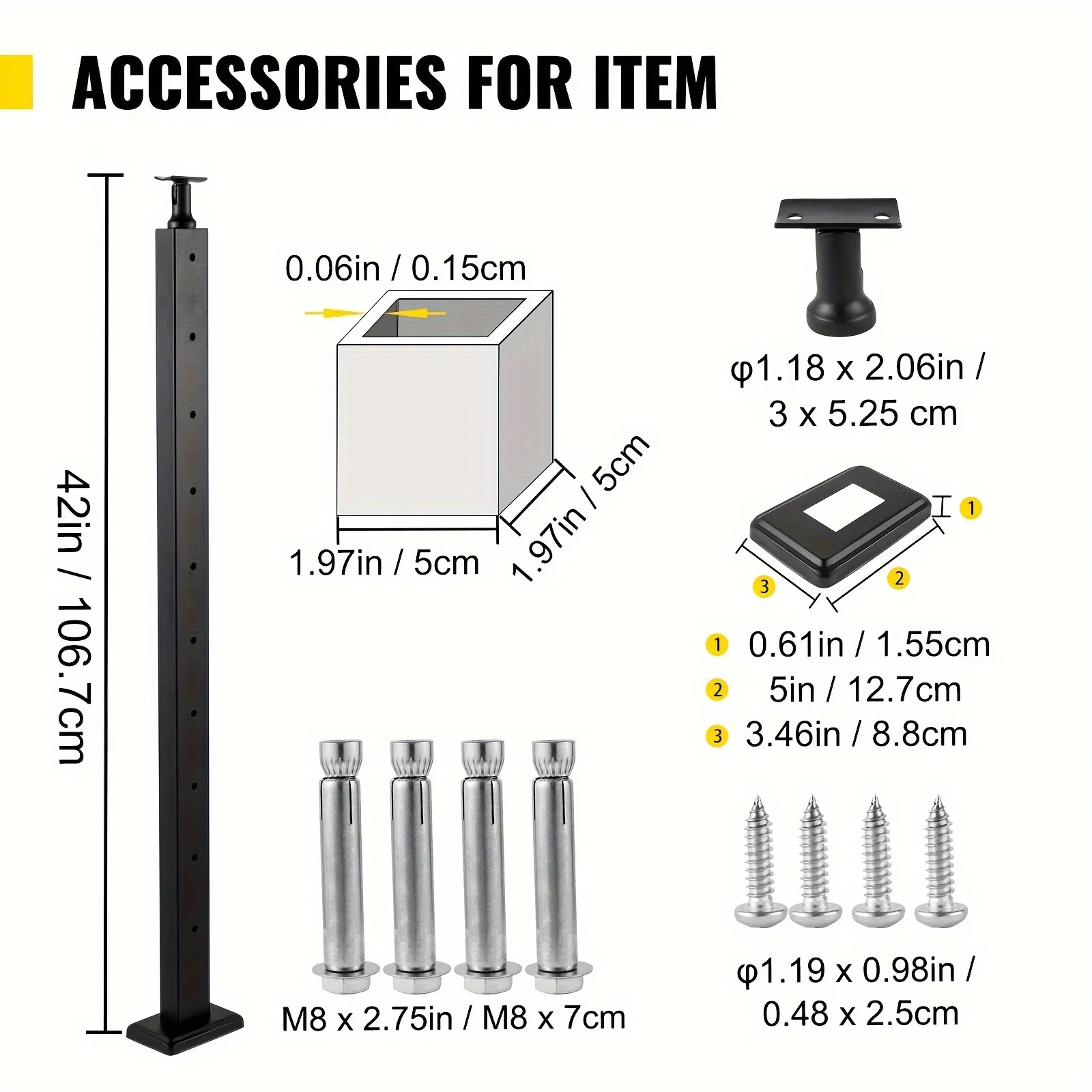 Cable Railing Post Level Deck Stair Post 42 x 1.97 x 1.97" Cable Handrail Post Stainless Steel Brushed Finishing Deck