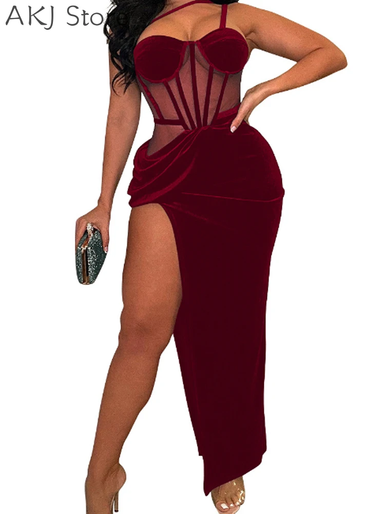 Sexy One Shoulder Velvet Party Dress Sheer Mesh Patchwork Sleeveless Backless Irregular Long Dress