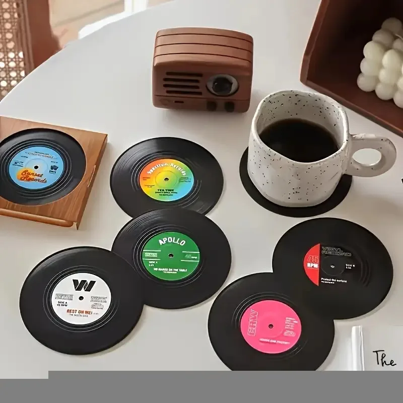 6-teiliges Set Vintage-Untersetzer, Bunte Retro-Untersetzer aus ABS-Material in Schallplattenform für Getränke, Schallplatten-Untersetzer-Set, Kaffeetisch-Dekoration