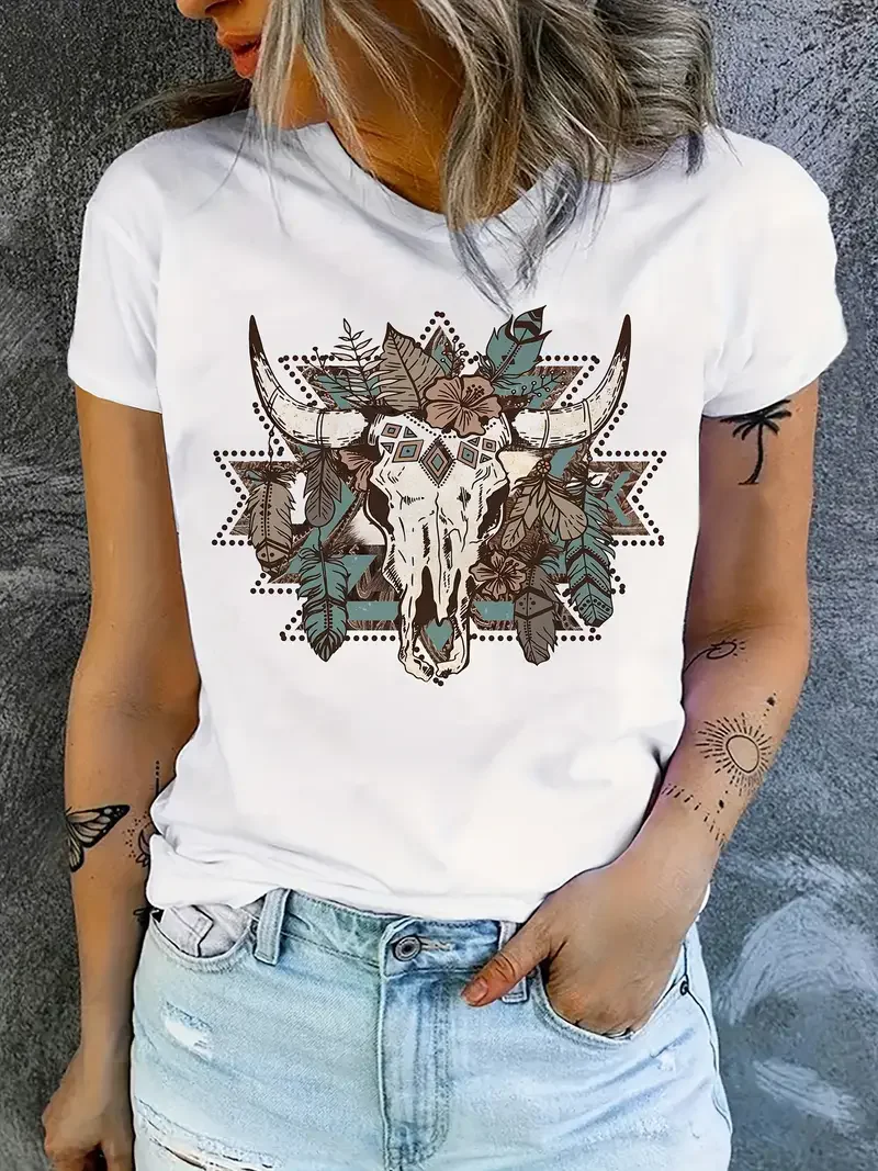Oansatz Vintage Bull Skull Print Kurzarm Bedrucktes T-Shirt Kleidung Damen T-Shirt Kleidung Damen Top T-Shirt
