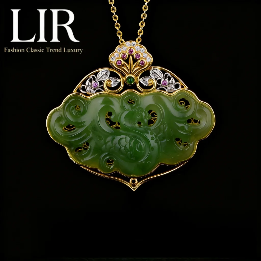 قلادة LIR S925 من الفضة: قلادة تخريمية مجوفة من اليشم الهيتي الطبيعي "Jade Phoenix". |   الحظ الوظيفي + شهادة المجوهرات