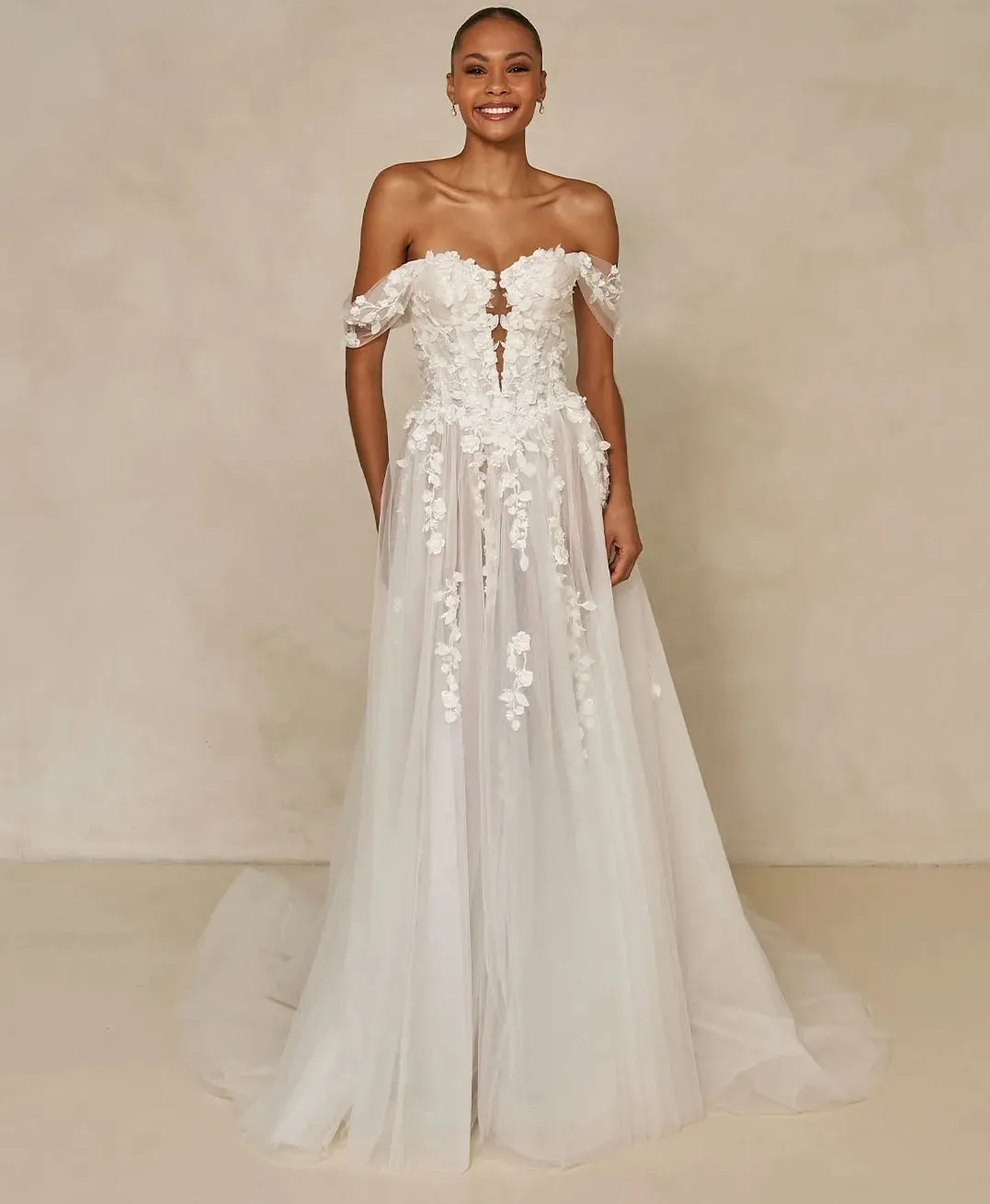 

Sexy Modern Boho Wedding Dress Off The Shoulder 3D Flowers Lace Appliuqes Tulle A-line Bride Bridal Gowns Robe De Mariage