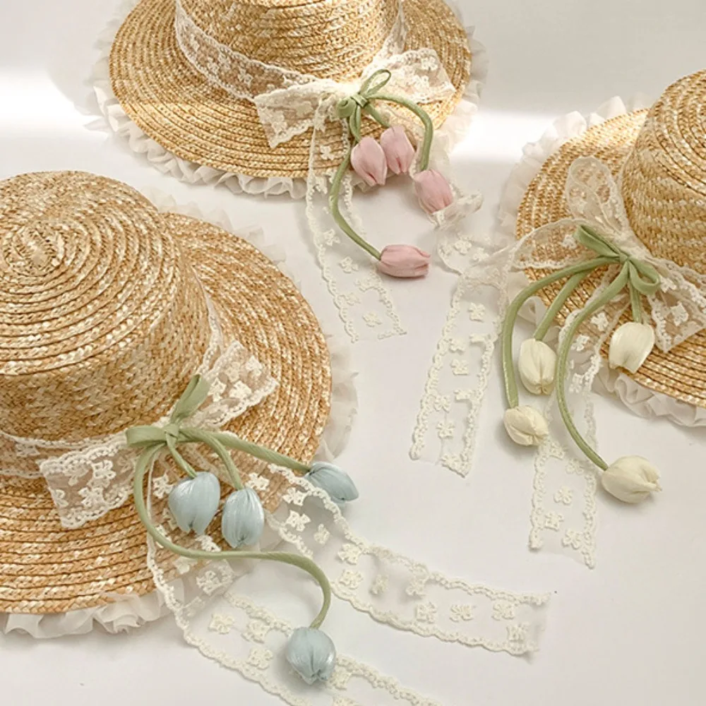 

Sunscreen Lace Bow Straw Hat Wide Brim Weave Outing in Spring Tulip Hat UV Protection Boho Summer Beach Sun Hat Beachside