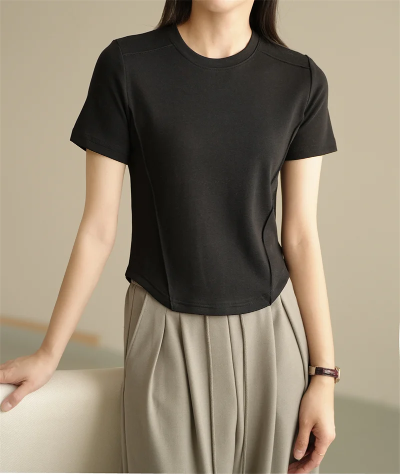 Women\'s T Shirts Solid Color Round Neck Short Sleeve Slim T shirt Women 2024 Summer Age Reduction Tops