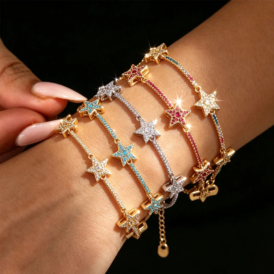 Yupsk New 5 Colors Shiny Zircon Five-pointed Star Charm Bracelet for Women Exquisite CZ Turquoise Party Jewelry Gift