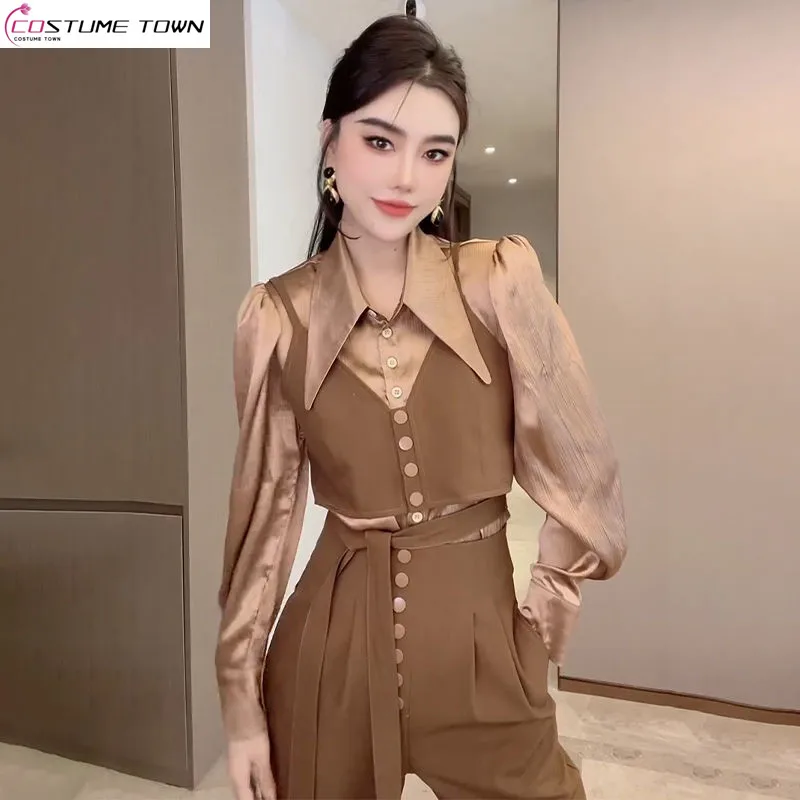 Spring and Autumn Fashionable Lace Up Vest Polo Collar Single Breasted Shirt Western Harlan Pants Luxury Three Piece Set