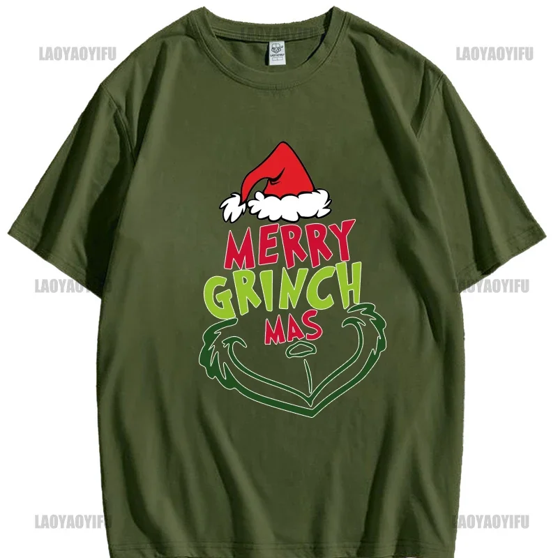 Christmas New Year Men\'s Shirt Casual O-neck Short Sleeve Tops Hip Hop Trend Harajuku Streetwear Fashion Cotton Grinch