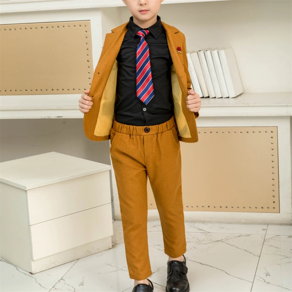 Orange Formal Solid Boy's 3 Piece Suit Set Blazer Pants And Tie Matching Pantsuit  For Wedding Prom School Activities