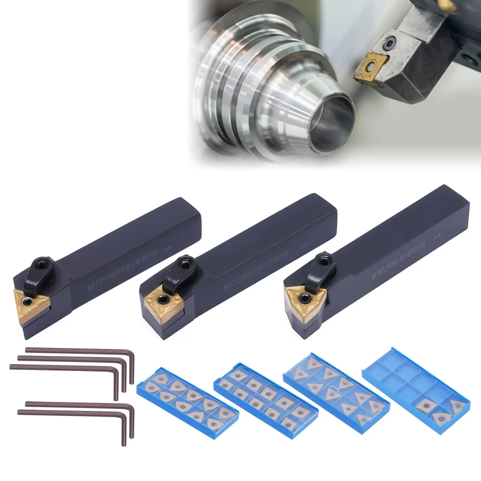 3 soportes de inserción para herramientas de torneado + juego de torno de carburo Indexable de 33 piezas, KPfaster MTJNR1616H16 + MWLNR16H08 + MCLNR1616H12 con C