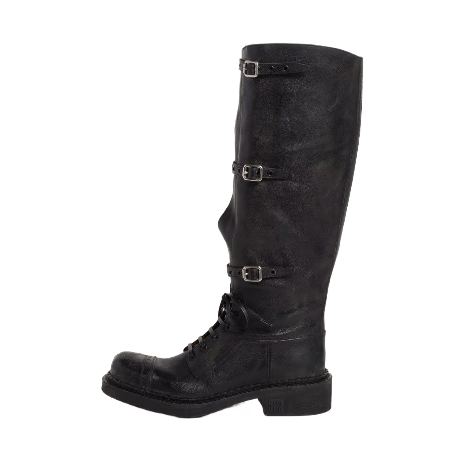 Arden Furtado Damen-Stiefel aus echtem Leder, kniehoch, zum Schnüren, Plateau, klobiger Absatz, Gürtelschnalle, Motorradstiefel, zum Hineinschlüpfen