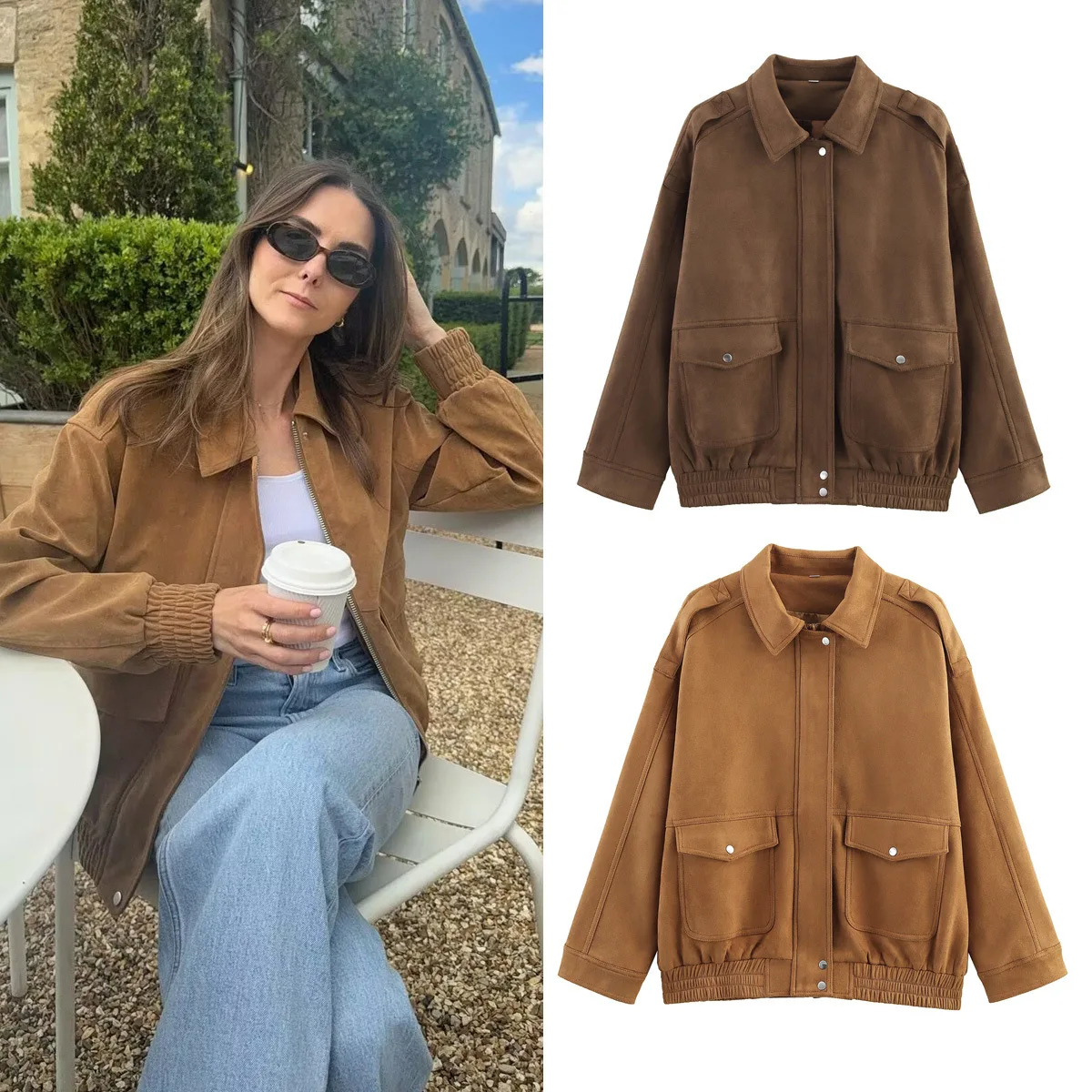 

Autumn Streetwear Bomber Jacket Outwears Lady Loose Suede Jackets Women Long Sleeve Zipper Button Pockets Solid Coats Female