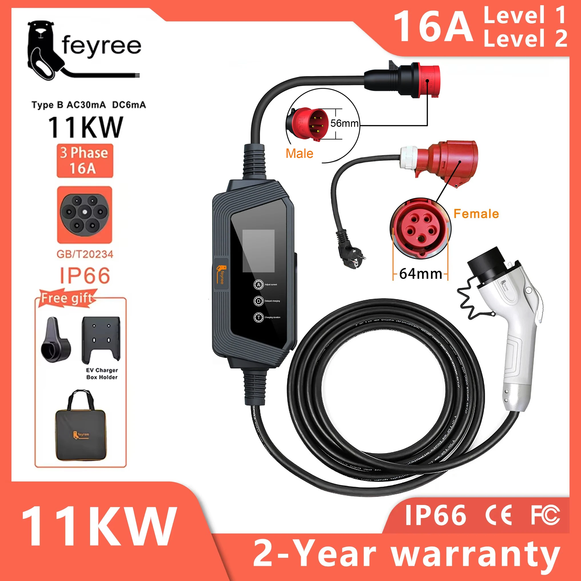 feyree Portable Charging GBT Socket 11KW 16A 3Phase EVSE EV Charger Box Adjust Current Set Delay Charging time for Electric Car