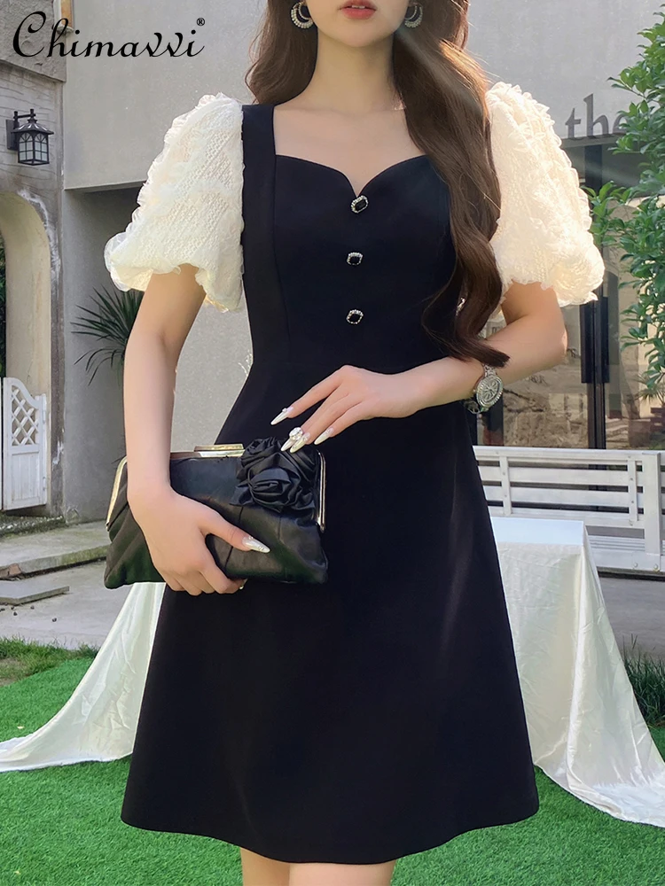 

French Elegant Commuter Diamond Buckle Square Collar Puff Sleeve High Waist Slim Fit A-line Black Short Dress Women Summer 2024