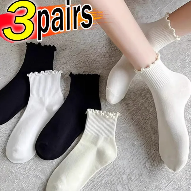 1/2/3 pares de algodão babados meias tornozelo feminino lolita bonito kawaii coreano meia menina primavera preto branco tubo médio japonês sox