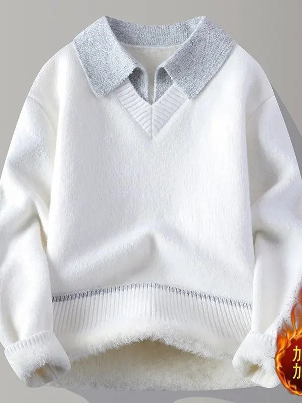 

Мужской вязаный свитер с флисовой подкладкой и утолщенным воротником, имитация двухслойности, повседневный стиль, из полиэфирного волокна, с длинными рукавами, стандартной длины