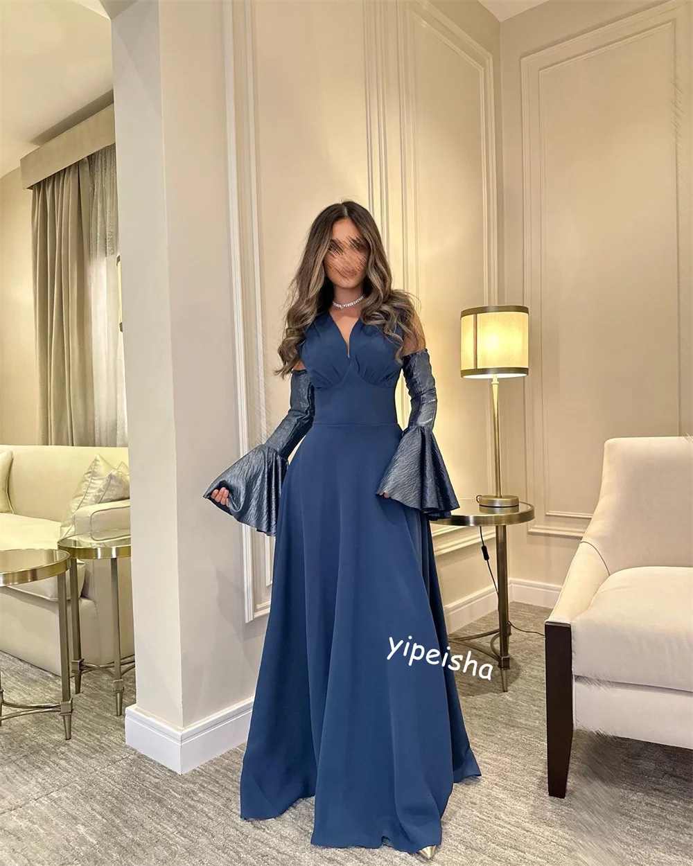 Prom Dress Saudi Arabia Jersey Ruffles Graduation A-line V-neck Bespoke Occasion Gown Long Dresses