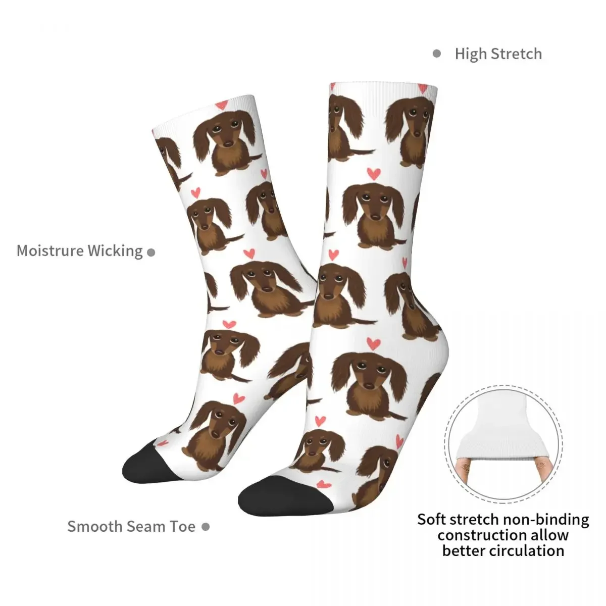 Cute Dog Longhaired Chocolate Dachshund Wiener Dog With Heart Socks Harajuku Super Soft Stockings All Season Long Socks