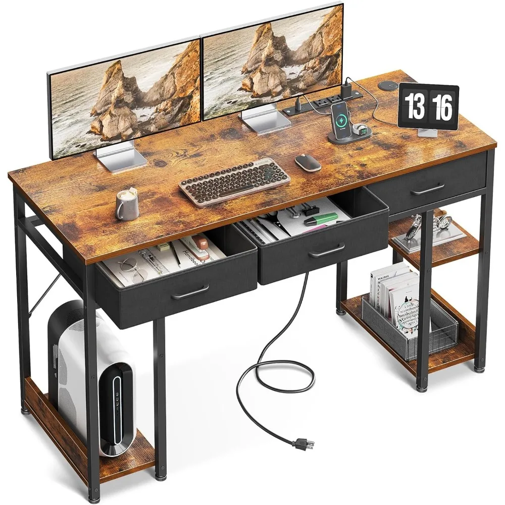 

48 Inch Office Desk with Fabric Drawers & Power Outlets, Computer Desk with Storage Shelves & CPU Stand, Writing Study Table, S