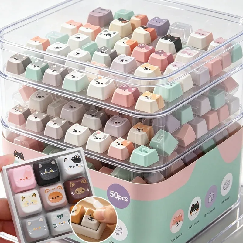 1-50PC Cute Cartoon Cat Dog PBT Key Caps DIY Decompression Button Keychain Accessories Charm Keyboard Detachable Replace Keycaps