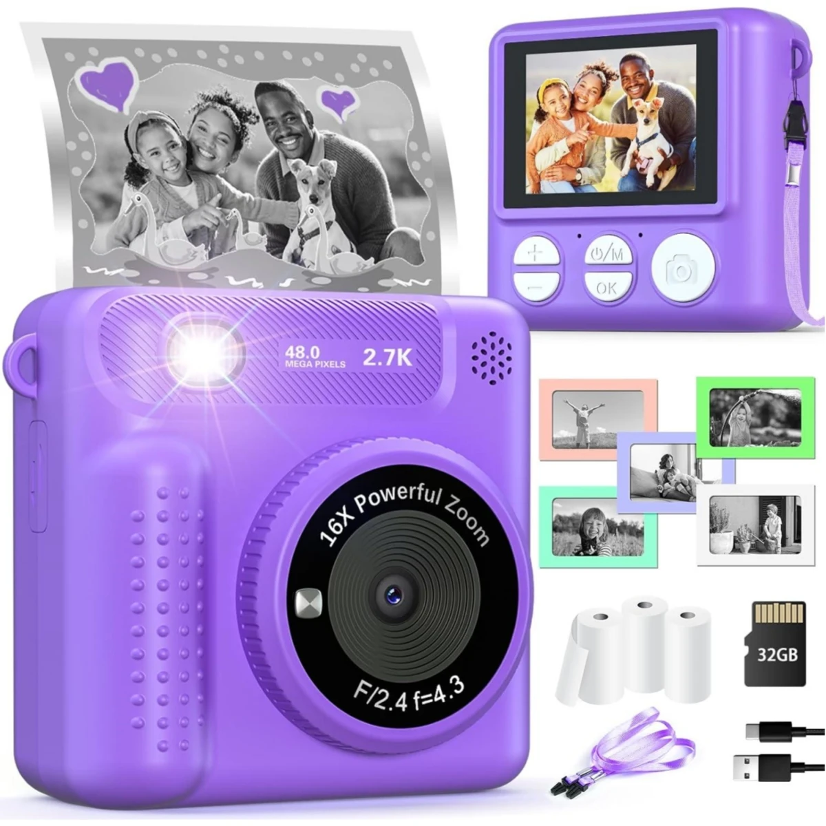 Cámara de impresión instantánea VATOS, cámara Digital de vídeo HD de 2,4 "1080P para niños y niñas con marco de fotos, papel de impresión, regalo de cumpleaños y Navidad